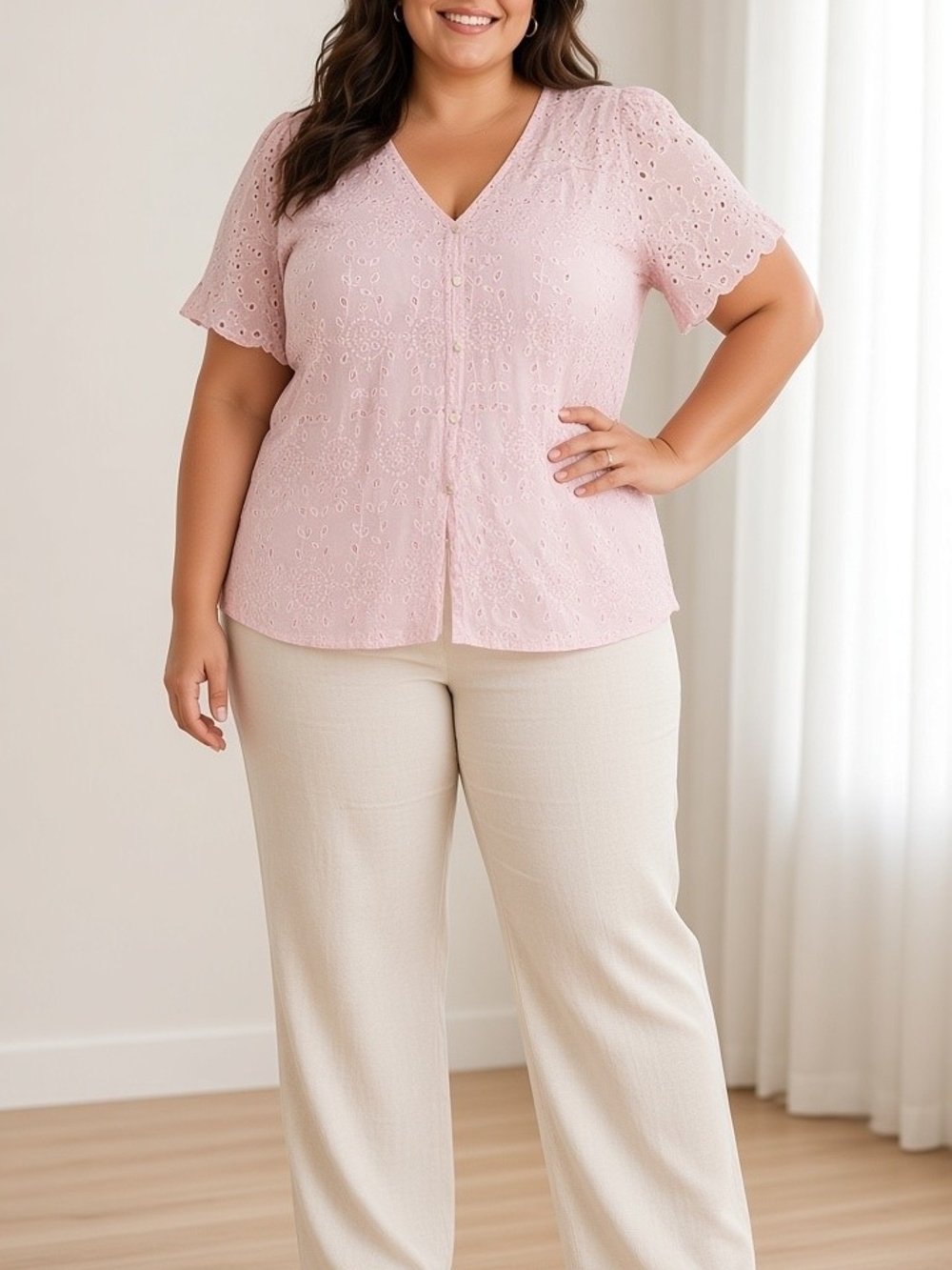 Old Navy Pink Eyelet V-Neck Short Sleeve Blouse